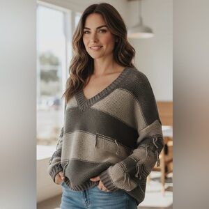 Anthropologie | Cashmere grey stripe distressed v-neck sweater NWT size XS